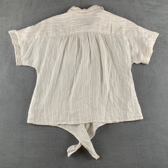 Lands’ End Linen Tie Front Shirt Soft Neutral Striped Coastal Boho Sustainable - Picture 2 of 7